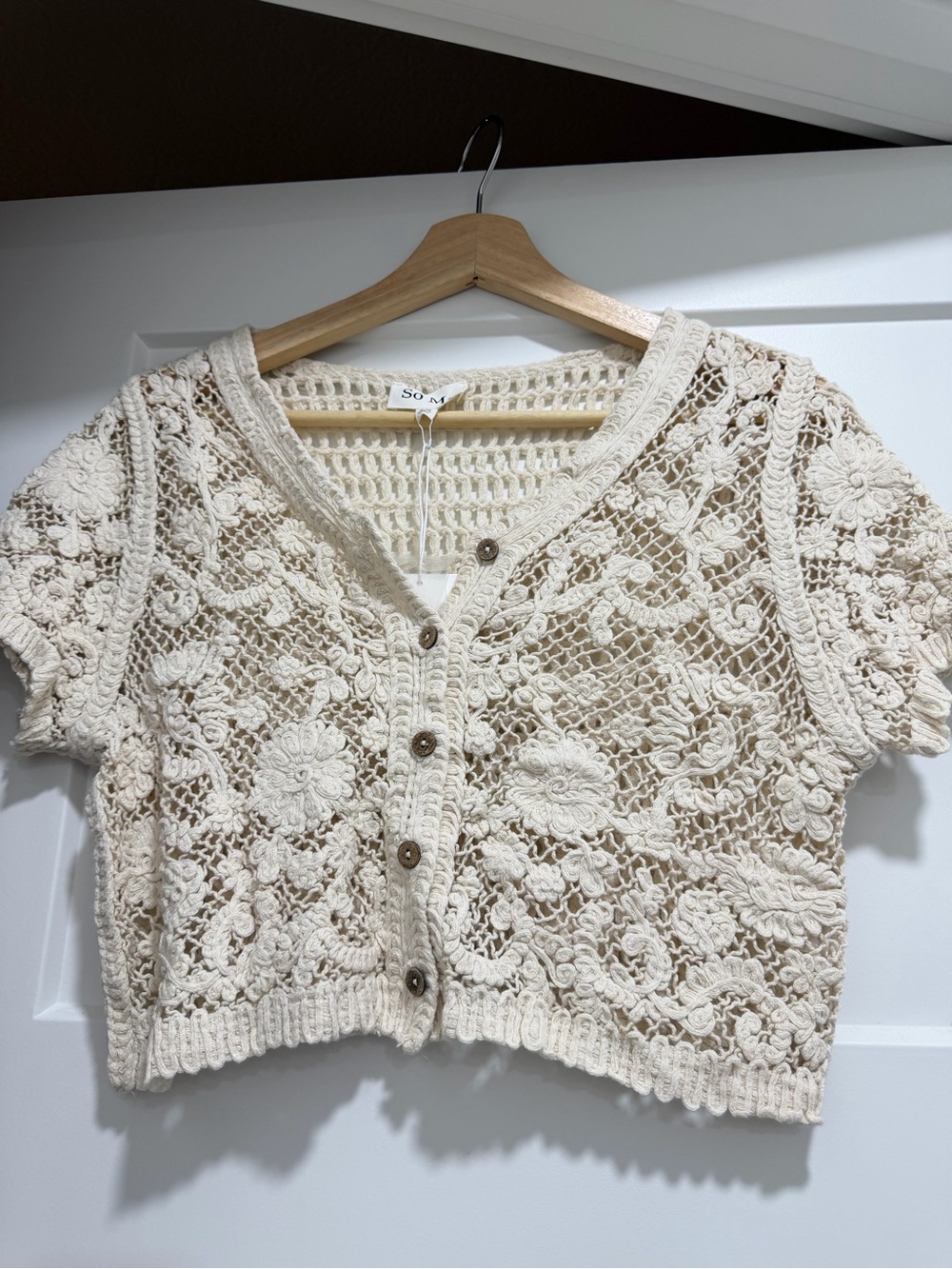 Boho Crochet Short-Sleeve Button Cardigan - Cream